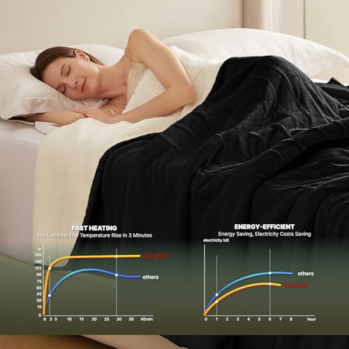 Heat Blanket 62”x84” Twin Size,Soft Flannel & Sherpa Reversible Electric Blanket with 10 Heat Settings,12 Timer Setting and 8 Hours Auto-Shut Off,ETL Certified Machine Washable,Black - color: Black, size: 62*84in