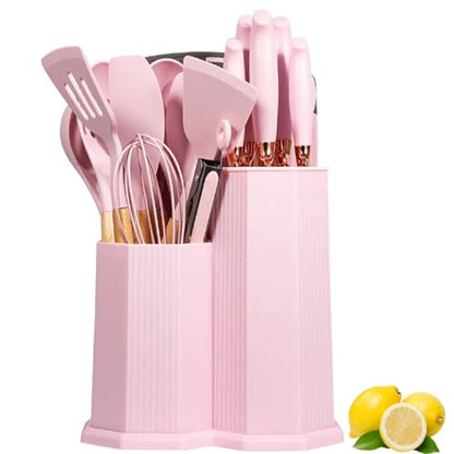 Kitchen Utensils Set,19 Pcs Cooking Tools and Knives Set,Cutting Board, Silverware Set, with Utensil Holder Precision Cutting and Organized Dining Kitchen Tool (Pink) - color: Pink