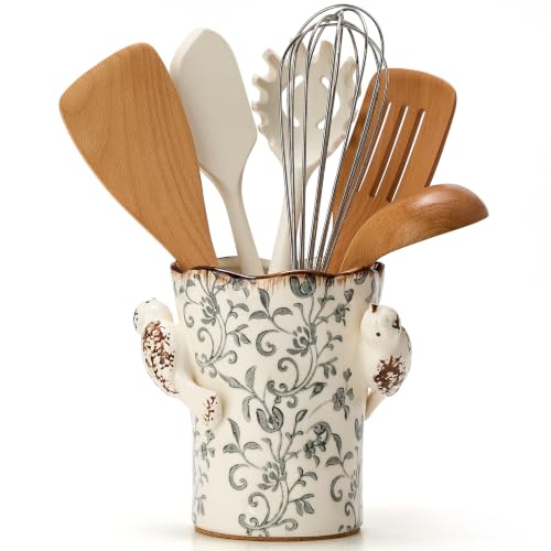 6.34'H Utensil Holder for Kitchen Counter, Modern Farmhouse Cooking Utensil Holder and Crock Home Kitchen Decor, Ceramic Utensil Organizer for Spatula, Ladle, Rolling Pin- Gray Flower Patterns - color: Gray Flower Patterns- 2 Birds