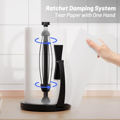 VEHHE Paper Towel Holder Countertop, Black Paper Towel Holder with Spring Activated Arm and Damping Effect, Simply Tear Paper Towel Stand for Bathroom and Kitchen (Black) - color: Black, size: Suction Base