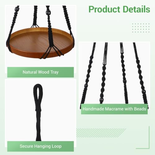 2 Pack Macrame Plant Hanger, 41'' & 32'' Plant Hanger Indoor Set with 12'' & 9.8'' Wood Trays, Bohemian Hanging Planter with Hooks for Living Room Window, Home Decor
