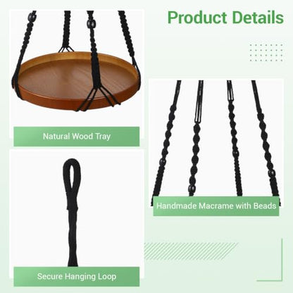 2 Pack Macrame Plant Hanger, 41'' & 32'' Plant Hanger Indoor Set with 12'' & 9.8'' Wood Trays, Bohemian Hanging Planter with Hooks for Living Room Window, Home Decor