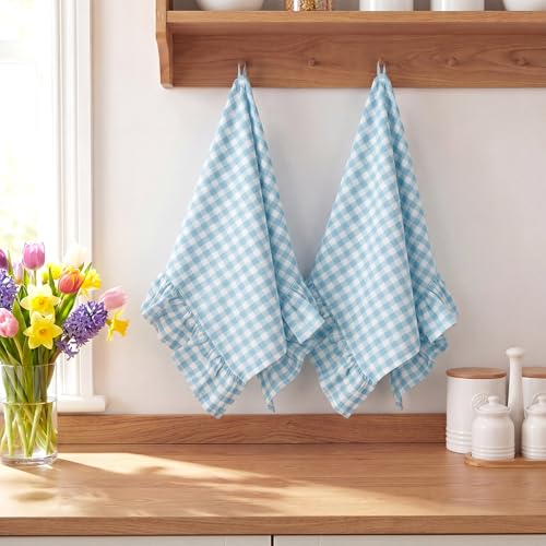 HunnmingRe Light Blue Kitchen Towels Set of 2, 100% Cotton Ruffled Gingham Dish Towels 18"x28" Tea Cloths Classic Plaid Pattern for Farmhouse Charm, Drying Dishes, Entertaining Guests - color: Light Blue, style: Gingham