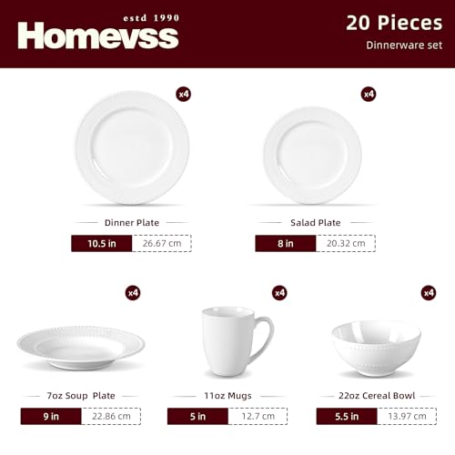 HomeVss, New Bone China Dinnerware Set, Embossed Pearl Design, 20pc Set - color: Pearl, size: Service for 4 - 20pc Set