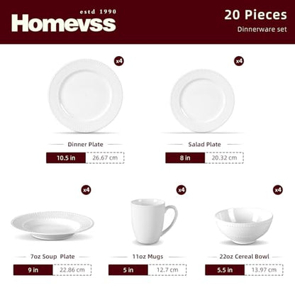 HomeVss, New Bone China Dinnerware Set, Embossed Pearl Design, 20pc Set - color: Pearl, size: Service for 4 - 20pc Set