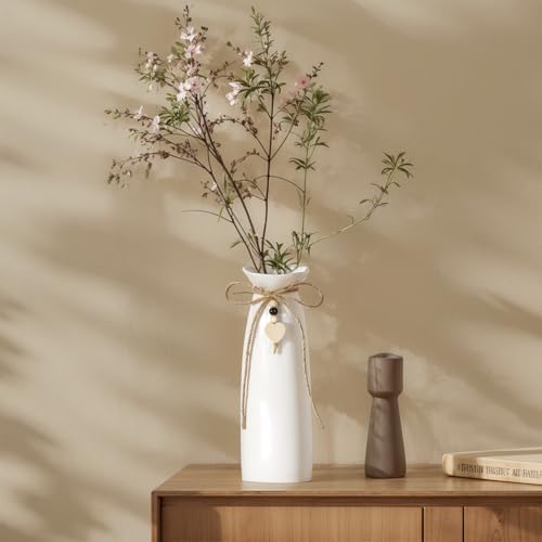 8 Inch Ceramic Vase with Jute Rope & Heart Charm, Elegant White Decorative Vase for Home Décor & Table Centerpieces - style: Slim