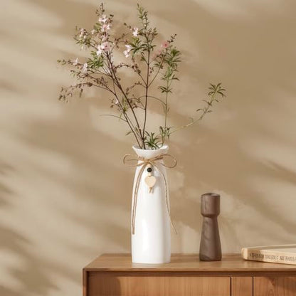8 Inch Ceramic Vase with Jute Rope & Heart Charm, Elegant White Decorative Vase for Home Décor & Table Centerpieces - style: Slim