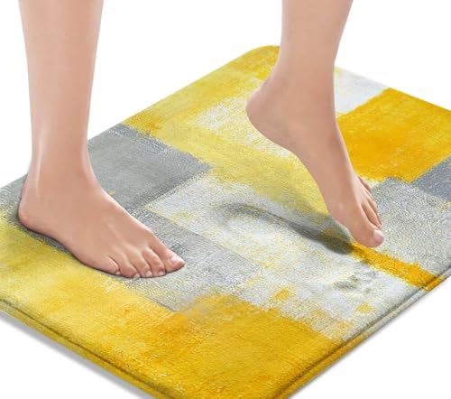 Bath Mat, Bathroom Rug, 18x30 Inch, Geometric Yellow Gray | Graffiti Abstract Washable Cover Floor Rug Carpets Floor Mat Bathroom Decorations for Kitchen Indoor - color: Yellow Abstract Geometric, size: 18" x 30" (Rectangular)