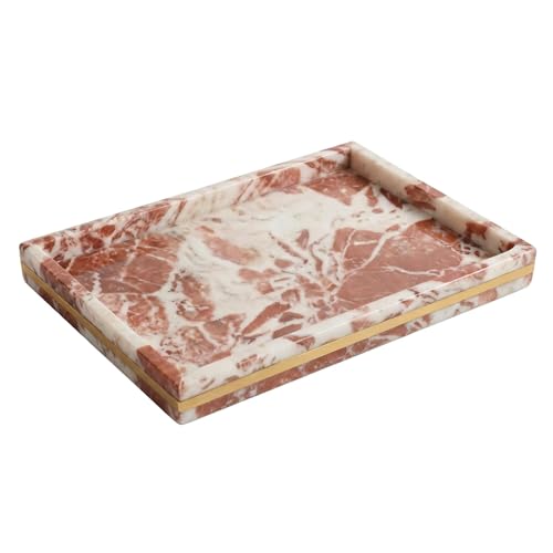 Red Marble Tray 12" x 8", Gold Edge Stone Vanity Organizer | Genuine Red Marble, Gold-Toned Edge, 12 x 8 Inch, for Perfume and Jewelry, on Bathroom Vanity and Dresser - color: Red