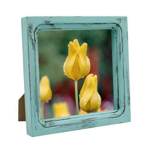 6x6 Picture Frame Made of Solid Wood High Definition Glass Rustic Vintage Designs Small Photo Frame for Tabletop Display and Wall Mounting, Distress Blue - color: Distress Blue A, size: 6" X 6"