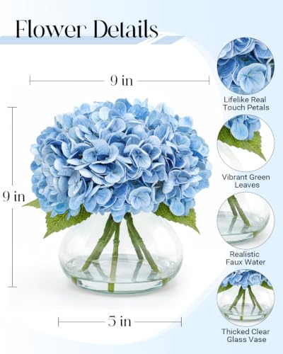 Hydrangea Artificial Flowers with Vase, Real Touch Latex, Blue | Lifelike Faux Water, Nearly Natural Leaves, Durable & Fade-Resistant, Home Office Table Centerpiece Decor - color: Blue