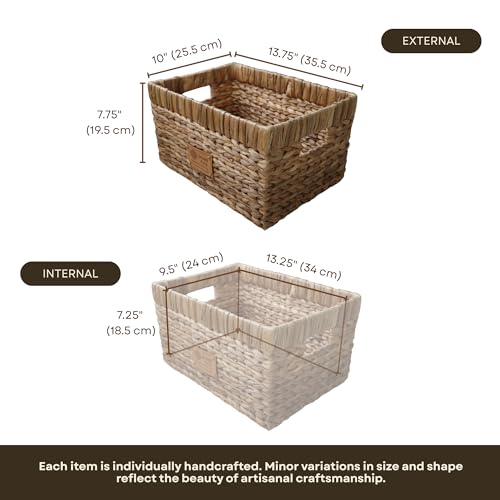 Handmade Water Hyacinth Wicker Storage Basket with Handles – Rectangle Organizer Bin for Shelves, Blanket, Bathroom, Closet – Stackable – Decorative & Durable (1, M: 14" x 10" x 8") - size: M: 14" x 10" x 8"