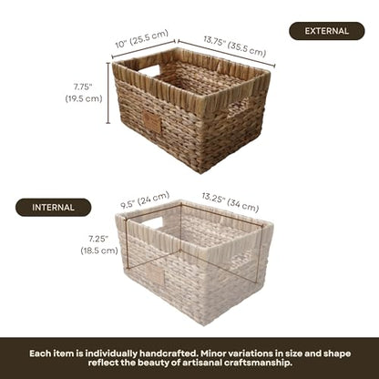 Handmade Water Hyacinth Wicker Storage Basket with Handles – Rectangle Organizer Bin for Shelves, Blanket, Bathroom, Closet – Stackable – Decorative & Durable (1, M: 14" x 10" x 8") - size: M: 14" x 10" x 8"