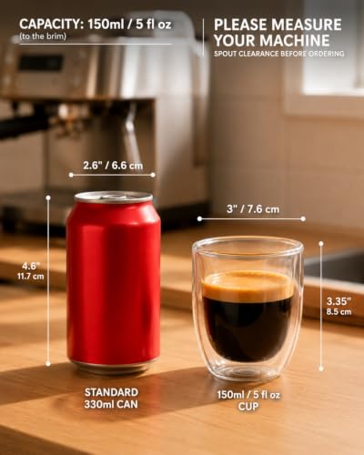 5oz Double Walled Espresso Cups, Set of 4 - Insulated Glass Coffee Mugs for Lungo, Double Espresso & Cappuccino - Clear Borosilicate Glassware Compatible with Nespresso & De'Longhi Machine