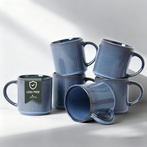 MONITO Coffee Mugs Set of 6, 16 oz Ceramic Coffee Cups with Large Handles | Stoneware Mugs Set Suitable for Lattes, Hot tea, Cappuccinos, Mochas and Cocoa, Microwave & Dishwasher Safe, Deep Blue - color: Deep Blue, size: 6PCS