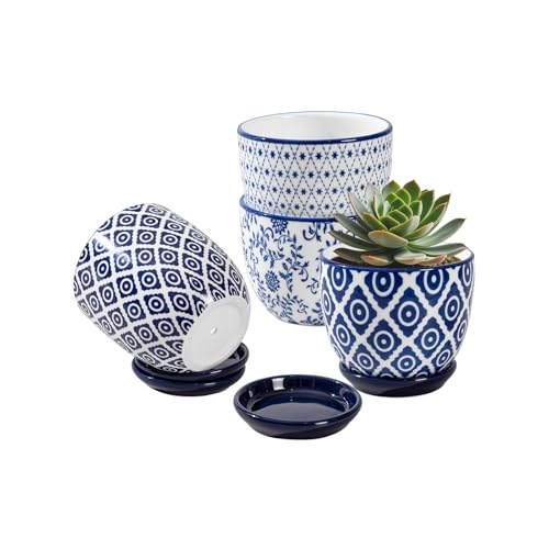 Ceramic Succulent Planter Pots - 3.5 Inch Small Flower Pot with Saucers and Drainage Holes for Cactus, Herbs, Indoor Plant, Outdoor Plants, Home Decor, Set of 4, Vintage Blue - size: 3.5 Inch