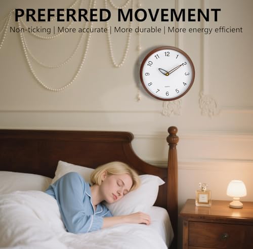 Wall Clock, 12 Inch Wall Clocks Battery Operated, Silent Non Ticking Analog Clock with Large Numbers, Cream Modern Wooden Hands Clocks for Living Room Bedroom Kitchen Hotel Farmhouse, Brown