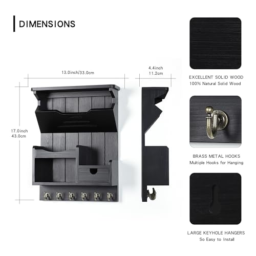 DOPACE Handcrafted Pine Wood Mail Organizer & Key Holder, Black | Hand-polished natural pine wood with storage drawer & 6 hooks, Fine spray paint finish, Easy wall mount - color: Black