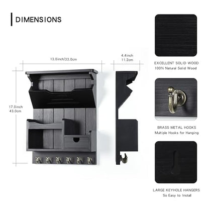 DOPACE Handcrafted Pine Wood Mail Organizer & Key Holder, Black | Hand-polished natural pine wood with storage drawer & 6 hooks, Fine spray paint finish, Easy wall mount - color: Black