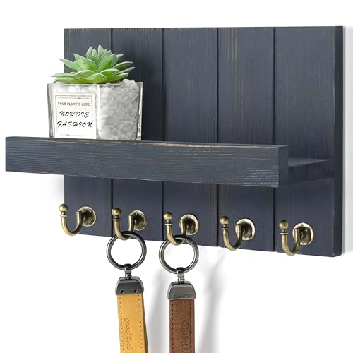 Rebee Vision Key Holder Wall Mount with Shelf for Room Decor, Royal Blue | 3.54 x 10 x 7.28 Inches, Solid Pine Wood, Farmhouse Key Holder for Wall, Mail Organizer, Apartment Storage, Decorative Accent - color: Royalblue, size: 10 inches
