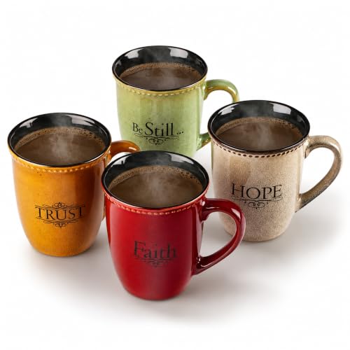 Christian Art Gifts Set of Four Rustic Stoneware Coffee/Tea Mugs w/Bible Verses Sage Green, Ivory, Paprika Red, Pumpkin Orange Inspirational Coffee/Tea Cup for Men and Women - color: Green, Ivory, Orange, Red (set/4)