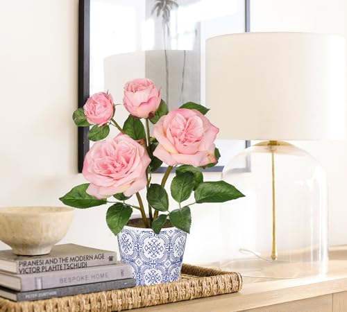 Hollyone Pink Real Touch Roses Artificial Flowers in Vase Blue and White Porcelain Ceramic Pot 13.4" Fake Roses Flower Arrangement Artificial Plants & Flowers Potted Plant Faux Silk Rose Flower - color: Rose 3 - Pink (13.4inch)