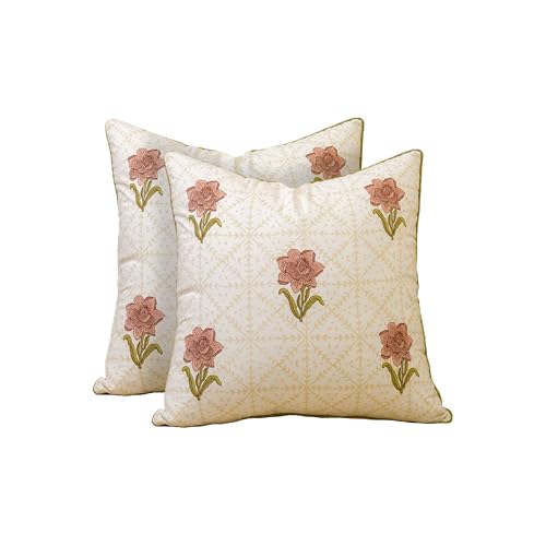 JBH Hand Block Print Reversible Throw Pillow Covers 18x18 Inch Set of 2 – Handmade Cotton Throw Pillow Cases (Dusty Pink, Green, Cream, 18x18Inch) - color: Dusty Pink, Green, Cream