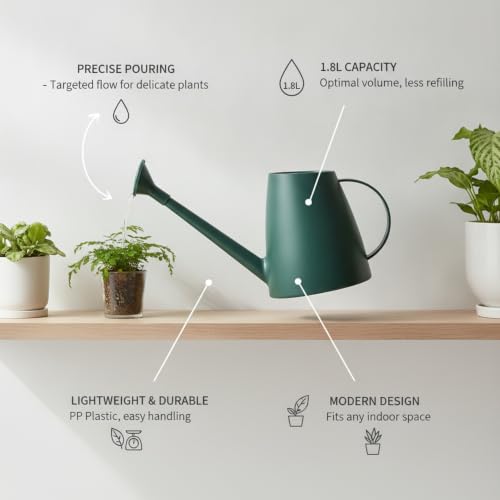 1.8L Long Spout Watering Can for Indoor Plants, Durable PP Plastic Pot Waterer with Precise Flow Control for Home Garden, Balcony & Windowsill - color: Green