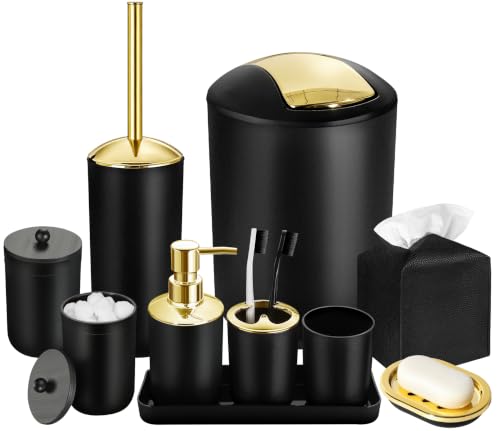 Bathroom Set, 10Pcs Bathroom Shower Curtain Sets with Hooks, Bathroom Accessories Set with Trash Can, Bathroom Accessories Sets Complete with Shower Curtain Set, Black Bathroom Accessory Set - color: Black+gold, size: 10Pcs Bathroom Set