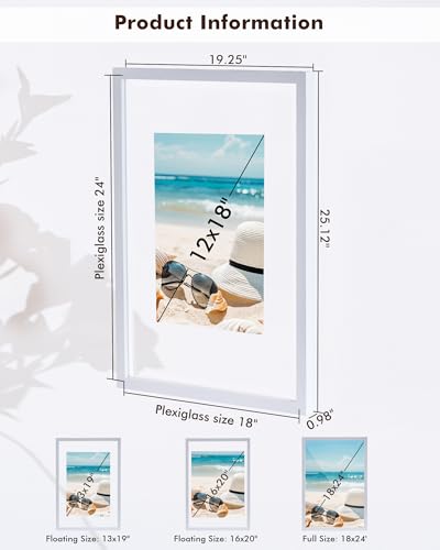 DLQuarts 18x24 Floating Picture Frame for 16x20/13x19/12x18/11x14 Photos, 2-Pack Solid Wood Double Plexiglass Wall Art Frames, Any Size Photo up to 18x24 Display, White - color: Chalk White, size: 18x24