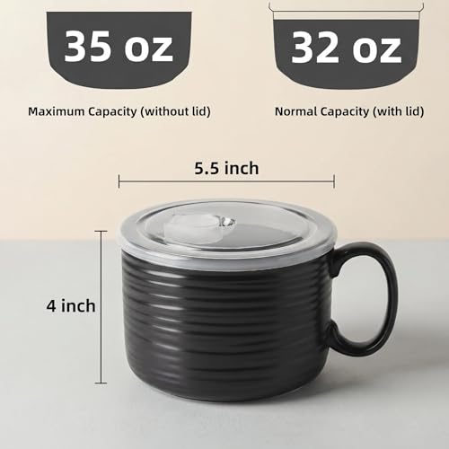 Nihow 35 OZ Ceramic Soup Bowl with Handle and Lid, Matte Black, 2 PCS | Large, Microwave & Dishwasher Safe, Big Ramen Bowl, Oversized Cereal Bowl for Soup, Noodles, Stew, Oatmeal - color: Matte Black, size: 35 OZ+35 OZ