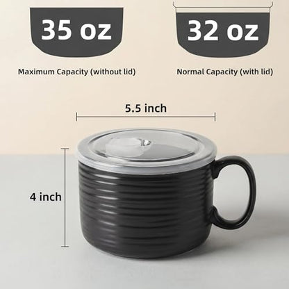 Nihow 35 OZ Ceramic Soup Bowl with Handle and Lid, Matte Black, 2 PCS | Large, Microwave & Dishwasher Safe, Big Ramen Bowl, Oversized Cereal Bowl for Soup, Noodles, Stew, Oatmeal - color: Matte Black, size: 35 OZ+35 OZ