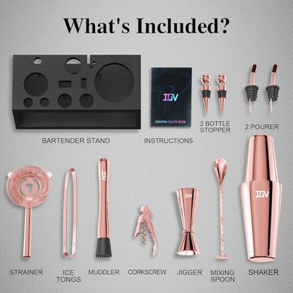 IOV Cocktail Shaker Set: 12-Piece Mixology Bartender Kit Bar Set | 16oz & 28oz Boston Shaker Drink Mixing Tools for Home with Recipe Booklet and Stand | Fun Housewarming Gift (Rose Gold) - color: 12 Pcs - Rose Gold