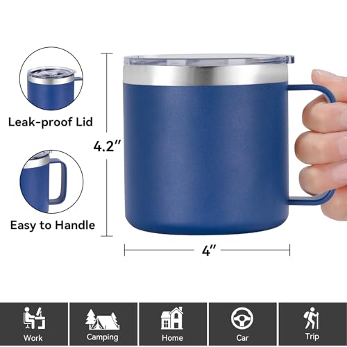VEGOND 14 oz Insulated Coffee Mug Bulk with Handle, Stainless Steel Travel Coffee Mug with Lid, Double Wall Vacuum Metal Coffee Cup, Coffee Tumbler Powder Coated, Navy Blue 4 Pack - color: Navy Blue, size: 14 Ounces (4 Pack)