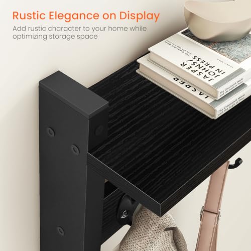 Coat Rack Wall Mount with Shelf, 24" Long Entryway Shelf with Hooks Underneath, Wooden Coat Hanger for Hanging Hats, Bathroom Towels, Clothes, Black - color: Black, size: 24 Inch Long