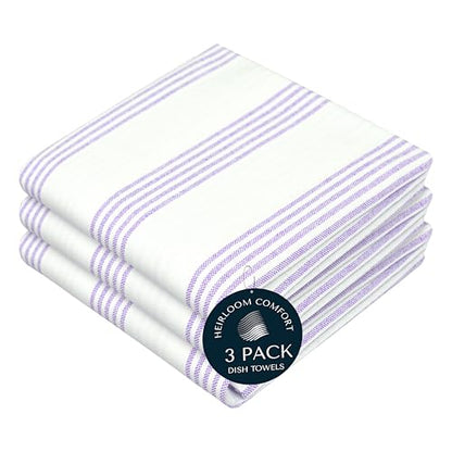 Lavender Stripe Kitchen Towels, 3 Pack, 100% Cotton, Super Absorbent and Quick Dry, Multi Pin Striped Towel Set, Durable Dish Cloths for Kitchen Use, Cleaning & Drying Dishes - color: Lavender, style: 3 Pack