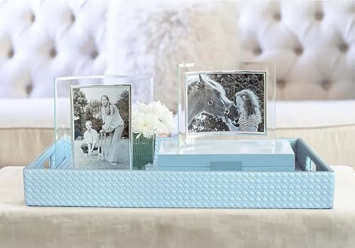 HofferRuffer Rectangle Serving Tray with Hole Handles for Coffee Table, Breakfast, Tea, Food, Butler - Countertop, Kitchen, Vanity Serve Tray, 16.2 x 12.2 x 2 inches, Faux Leather (LightBlue) - color: Lightblue