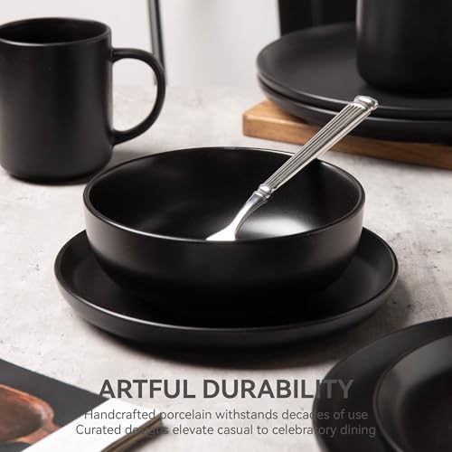 12-Piece Stoneware Dinnerware Set with Mugs | Microwave and Dishwasher Friendly | Stackable Matte Glaze Plates & Bowls | Service for 3 (Black for 3) - color: Black for 3
