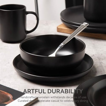 12-Piece Stoneware Dinnerware Set with Mugs | Microwave and Dishwasher Friendly | Stackable Matte Glaze Plates & Bowls | Service for 3 (Black for 3) - color: Black for 3