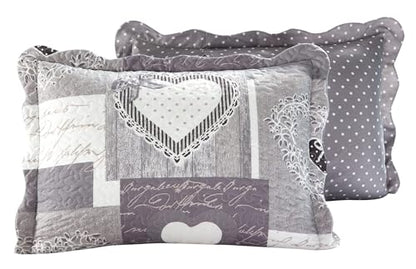 Brilliant Sunshine Grey Heartlove Pillowshams Set, 20"x26"+2" | Patchwork Design, Quilted Standard Pillowcases, Washable Scallop Edge Pillow Covers, Pack of 2 - color: Grey White, size: 20 x 26 inches