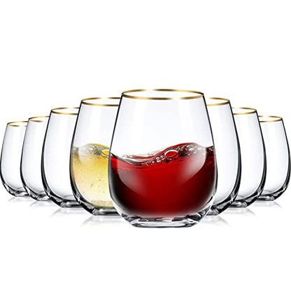 Mimorou Stemless Wine Glasses & Gold Rim, Set of 8, 15 oz Red Wine Glasses | Gold Rimmed, Elegant Style, Stable Base Prevents Tipping, for Wedding Party Events or Daily, as a Housewarming Gift