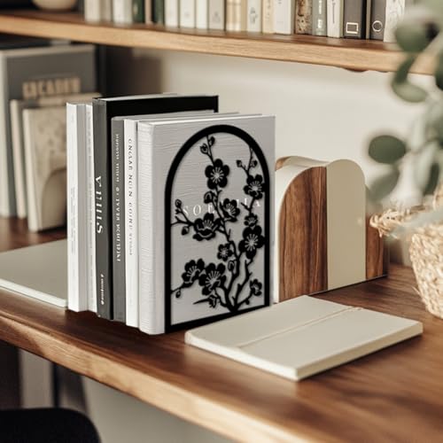 5.3"x4.3"x7.9" Metal Bookends, Heavy Duty Book Ends for Shelves | Plum Blossom Branches Theme Cast Iron Book Supports, 1 Pair Decor Stoppers for Desk, Library, Office & Home Shelves - style: Plum Blossom Branches