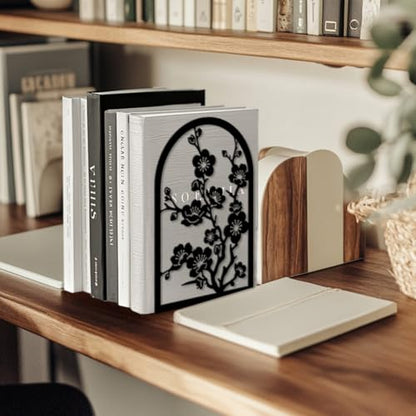5.3"x4.3"x7.9" Metal Bookends, Heavy Duty Book Ends for Shelves | Plum Blossom Branches Theme Cast Iron Book Supports, 1 Pair Decor Stoppers for Desk, Library, Office & Home Shelves - style: Plum Blossom Branches