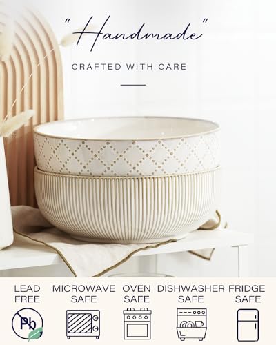 getstar Large Serving Bowls (9.5 inch & 92 fl oz), Ceramic Salad Bowl Set of 2, Microwave and Dishwasher Safe - color: Embossed Checks & Stripes, size: 9.5"