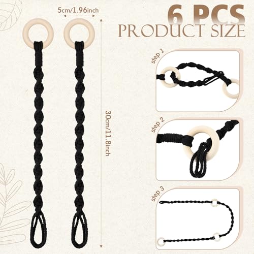 6 Pack Adjustable Macrame Plant Hanger Extender Handmade Woven Hanging Basket Extenders Connectable Rope Hanging Extension with Wooden Ring for Indoor Outdoor Plant Pot Holder(Black) - color: Black