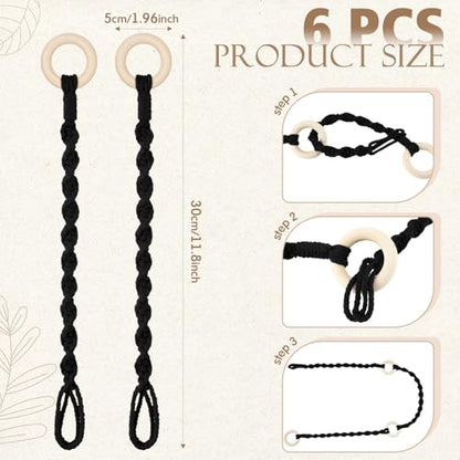 6 Pack Adjustable Macrame Plant Hanger Extender Handmade Woven Hanging Basket Extenders Connectable Rope Hanging Extension with Wooden Ring for Indoor Outdoor Plant Pot Holder(Black) - color: Black