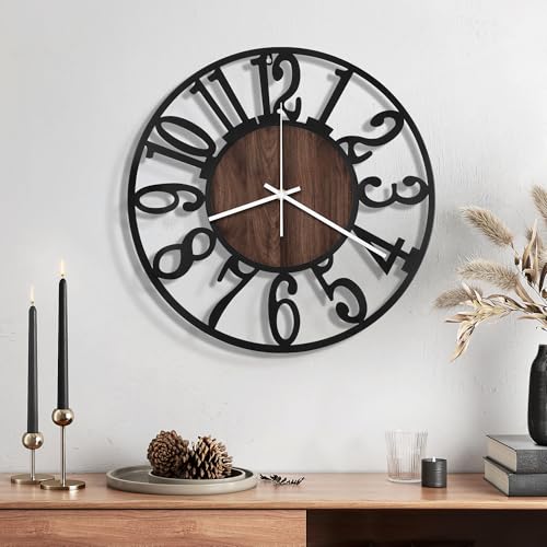 Maxstar 14" Silent Wall Clock – Battery Operated, Rustic Metal & Wood | Non-Ticking Quartz Movement,Round Small Clocks for Living Room, Bedroom, Office, Kitchen or Farmhouse Decor (Brown-Wood) - color: Brown, size: 14 Inch