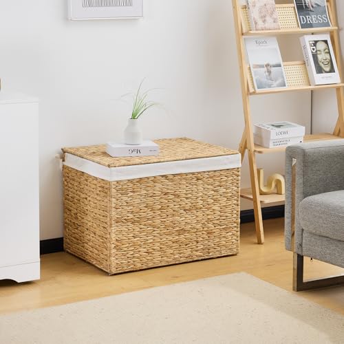 Water Hyacinth Storage Basket with Lid, 46.2 Gallon (175L) Wicker Shelf Basket with Removable Liner, Wicker Storage Basket for Blanket, for Livingroom, Bedroom, Natural - size: 27.6"L x 19.7"W x 19.7"H