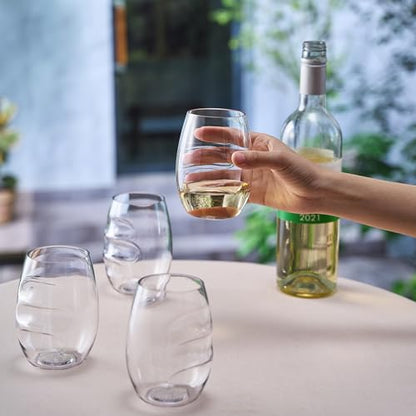 Unbreakable European Plastic Crystal, Stemless Wine Glasses | Set of 4, 13.5 OZ | Acrylic Tritan Set with 3-Finger Indentations - Clear Short Tumbler Set, BPA Free, Reusable, Naturally Aerates Wine - color: Clear, size: Set of 4