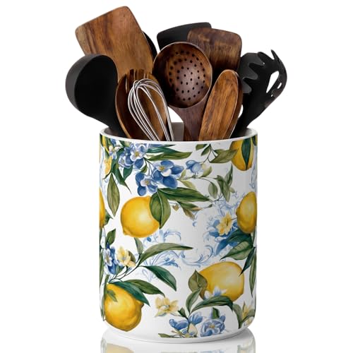Lemon Ceramic Utensil Holder 6.3 Inch Rustic Kitchen Crock Summer Lemon Floral Design Countertop Storage Organizer for Spatula and Spoon Home Cooking Unique Gift Idea - style: Lemon